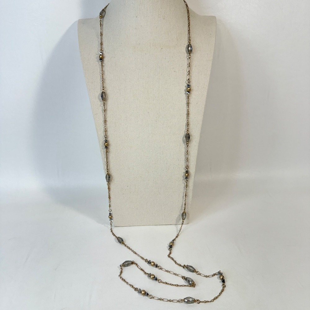 Long Station Necklace Smoke Grey Faceted Glass Beads Flapper